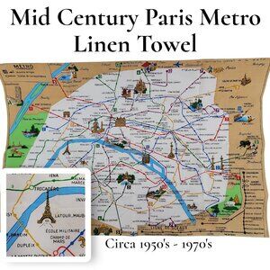 🗼 Vintage Paris Métro Map Tea Towel — Mid-Century, Post-War Era